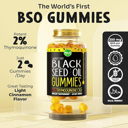 MAJU's Black Seed Oil Gummies 90ct, World's 1st, 2.5X Per BSO Gummy, Black Cumin Seed Nigella Sativa Oil, Cold-Pressed, Potent Formula with Cinnamon Extract, Tasty, 500mg 90ct