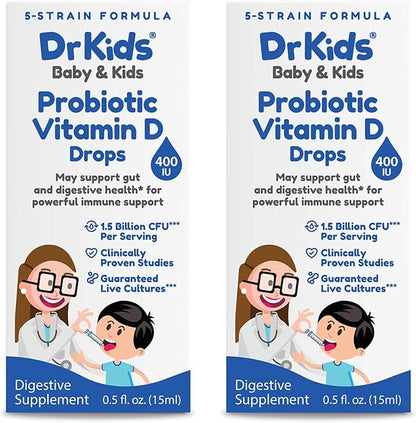 DrKids Probiotic Vitamin D Drops - Supports Infant & Child Gut Health, Helps Reduce Gas, Colic & Fussiness, Baby Probiotic Drops with Vitamin D3, Pediatrician Recommended, Unflavored, 15ml (Pack of 2)