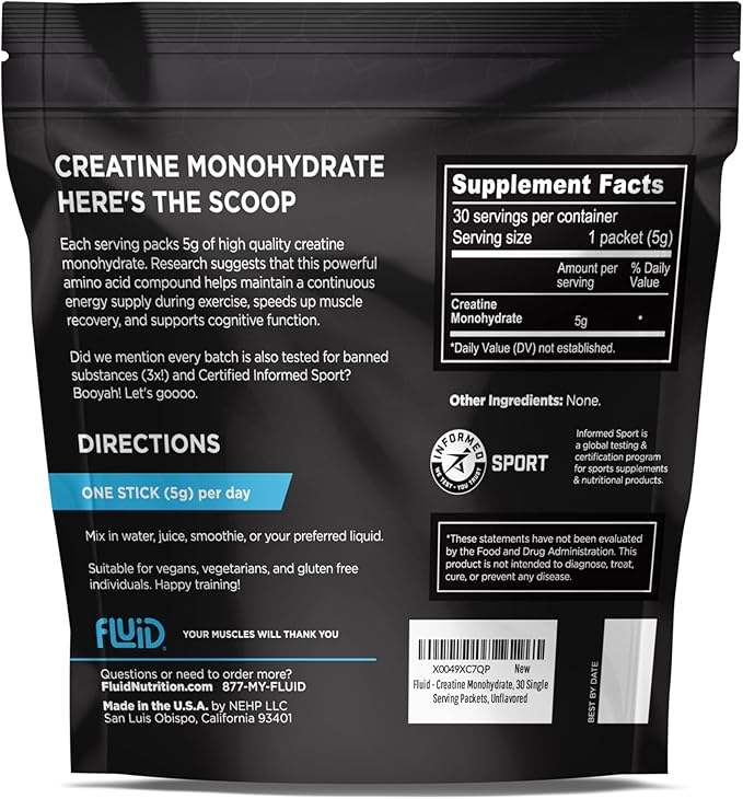 Fluid - Ultra-Fine Micronized 100% Creatine Monohydrate, Informed Sport Certified, Safe for Athletes, 5g Serving (30 Single Servings)