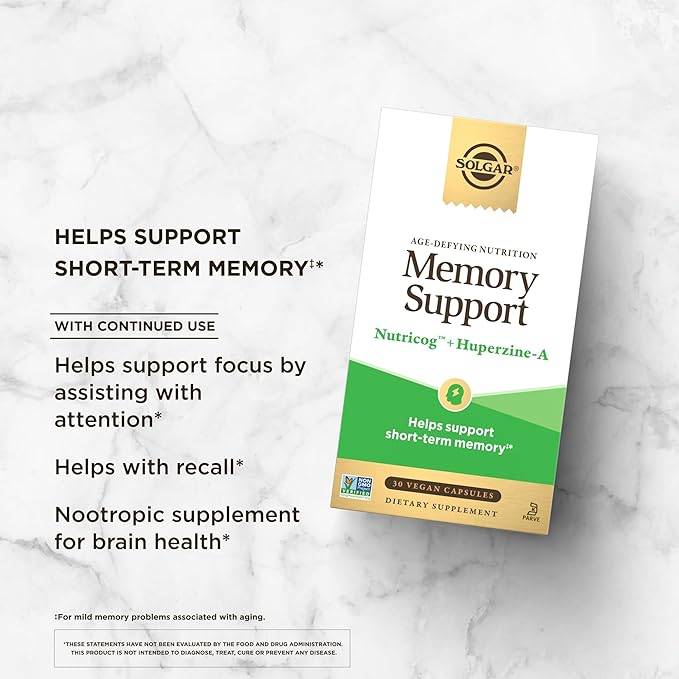 Solgar Memory Support Brain Dietary Supplement for Memory and Focus, Clinically Studied Nutricog, Vitamin D & Huperzine-A, Nootropic Brain Health Supplement, Healthy Aging Support, 30 Servings