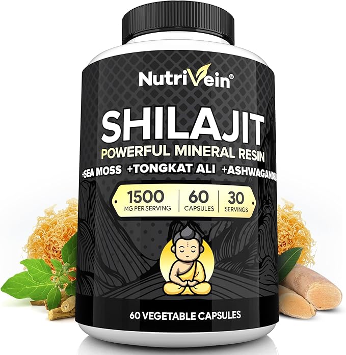 Nutrivein Premium Pure Himalayan Shilajit for Men and Women - 1500 mg - 60 Capsules- Powerful Resin Extract Blended with Irish Sea Moss, Tongkat Ali, & Ashwagandha - Vitality, Clarity, & Performance