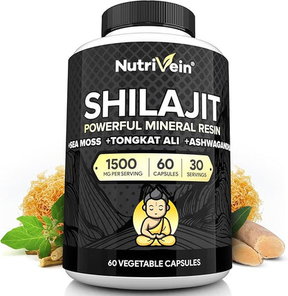 Nutrivein Premium Pure Himalayan Shilajit for Men and Women - 1500 mg - 60 Capsules- Powerful Resin Extract Blended with Irish Sea Moss, Tongkat Ali, & Ashwagandha - Vitality, Clarity, & Performance