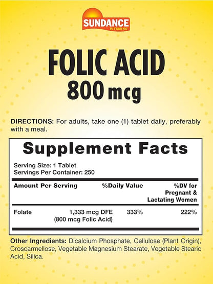 Sundance Folic Acid 800 mcg | 250 Vegetarian Tablets | Essential B-Vitamin | Vegetarian, Non-GMO, and Gluten Free Supplement