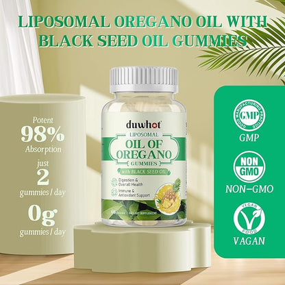Liposomal Oregano Oil Gummies, Organic Chewable Oil of Oregano with Black Seed Oil for Kids & Adults, Immune System & Gut Health, Natural Pineapple Flavor, 60 Count