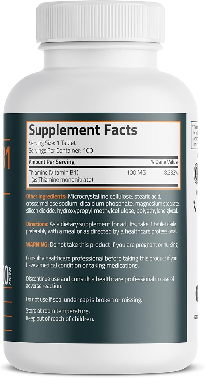Bronson Vitamin B1 100mg, Non-GMO, 100 Vegetarian Tablets