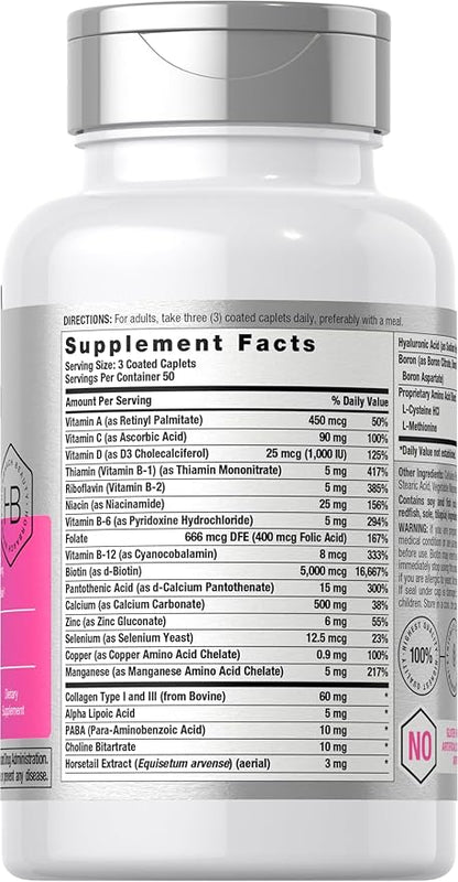 Horbäach Hair Skin and Nails Vitamins | 150 Caplets | with Biotin and Collagen | Supplement for Women and Men | Non-GMO, Gluten Free