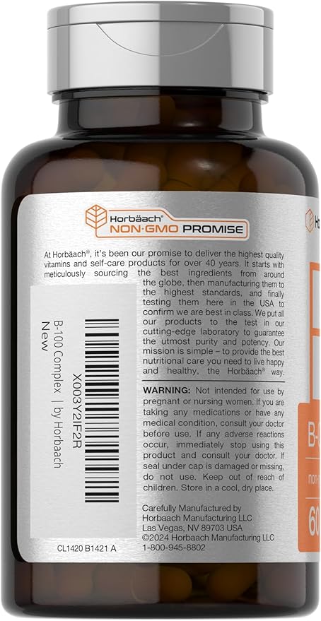Horbäach Vitamin B-100 Complex | 60 Quick Release Capsules | Non-GMO and Gluten Free Supplement