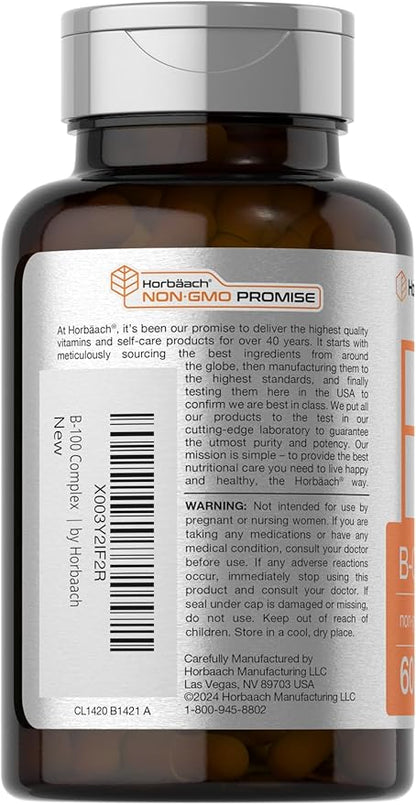 Horbäach Vitamin B-100 Complex | 60 Quick Release Capsules | Non-GMO and Gluten Free Supplement