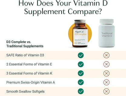 ALGAECAL 4-in-1 Vitamin D3 K2 Complete - ADK Vitamin Supplement, Enhanced Immune Support & Bone Health with D3 K2, A, & E - Whole Body Wellness & Bone Strength, 60 Easy-Swallow Softgels, Made in USA