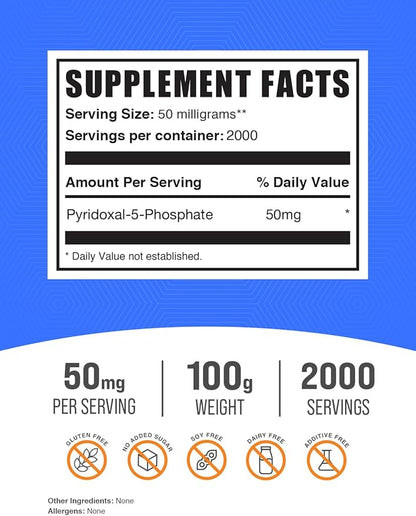 BulkSupplements.com Pyridoxal 5 Phosphate Powder - P-5-P Vitamin B6 Supplement, P-5-P 50mg - P5P Supplement, Gluten Free, 50mg of per Serving, 100g (3.5 oz) (Pack of 1)