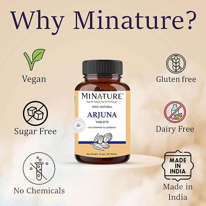 Arjuna Tablets by mi Nature -90 Tablets, 1000mg | 45 Day Supply | 100% Natural Arjuna Tablet | Arjun bark | Saraca Indica | from India