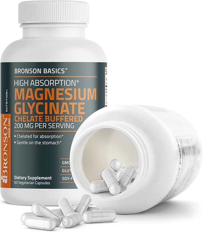 Bronson Magnesium Glycinate 200mg High Absorption Chelated Buffered Gentle On The Stomach Non-GMO, 60 Vegetarian Capsules