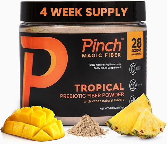 Pinch Magic Fiber Supplement Powder | Tropical Flavored Psyllium Husk Powder for Digestive Health & Gut Support | Sugar Free Supplement for Keto & Vegan Diets | USA-Made | 28-Day Supply