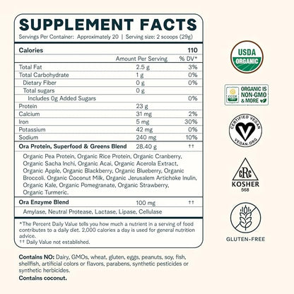 Ora Organic Vegan Protein Powder - 23g Plant Based Pea Protein + Superfood for Women and Men - Unsweetened 20 Servings, No Erythritol, Digestive Enzyme, Keto-Friendly, Gluten-Free, Paleo, Soy-Free