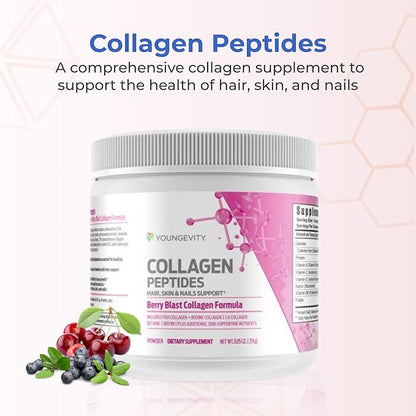 Youngevity Collagen Peptides Powder – Hair, Skin & Nail Support with Hydrolyzed Type I & II, Biotin, Vitamin B12, Antioxidants & Alpha Lipoic Acid – Joint & Bone Health – Berry Flavor – 251g