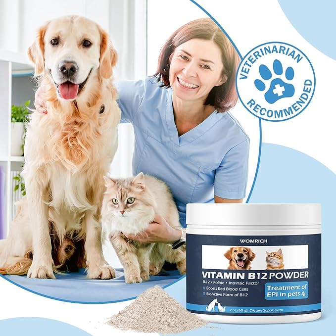 Vitamin B12 Powder Appetite Stimulant for Cats&Dogs Methylcobalamin Supplement with Folate and Intrinsic Factor, Treatment of EPI in Pets, Supports Energy, Red Blood Cell Formation, Nervous System 60g