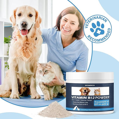 Vitamin B12 Powder Appetite Stimulant for Cats&Dogs Methylcobalamin Supplement with Folate and Intrinsic Factor, Treatment of EPI in Pets, Supports Energy, Red Blood Cell Formation, Nervous System 60g