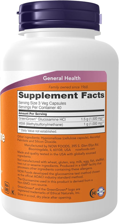 NOW Foods Supplements, Glucosamine & MSM (GreenGrown® Glucosamine), Vegetarian, 120 Veg Capsules
