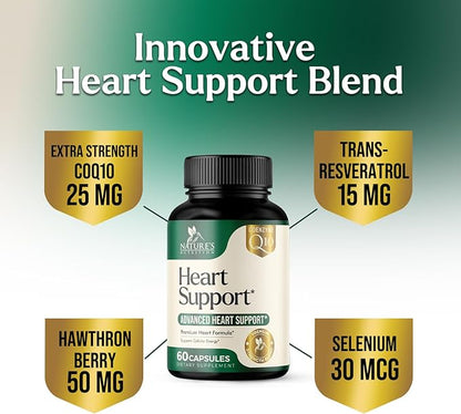 Heart Supplements for Men & Women 1650mg - Antioxidants for Heart Health Support with CoQ10, Hawthorn, Plant Sterol & More Vitamins to Support Nitric Oxide & Energy Production, Non-GMO - 60 Capsules