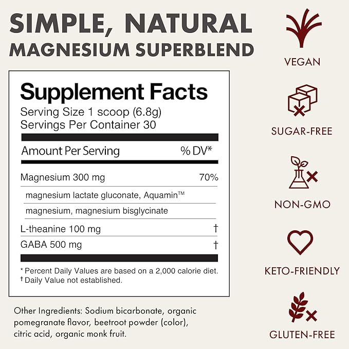 Mellö Magnesium Supplement Superblend Powder - Magnesium Glycinate with L-Theanine, GABA, and 70 Trace Minerals - Supports Sleep, Relaxation, Balanced Energy - Pomegranate Flavor, 30 Servings
