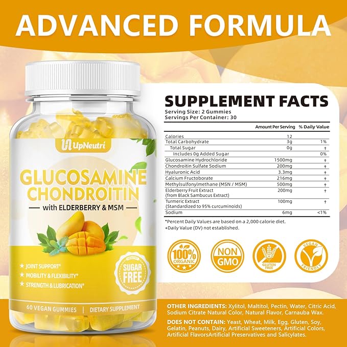 Sugar Free Glucosamine Chondroitin Gummies, Extra Strength 1500mg Glucosamine with Chondroitin MSM & Elderberry & Turmeric, Joint Support Supplement for Men & Women Move Free Joint Health
