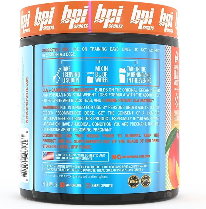 BPI Sports CLA + Carnitine Shredded Supports Lean Muscle & Promotes Fat Loss - Tropical Mango (14.1 oz. / 50 Servings)