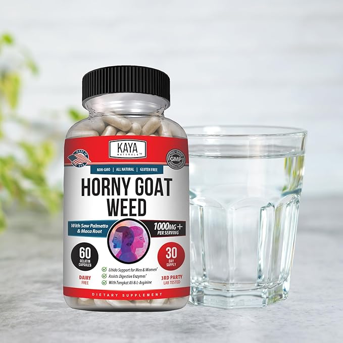 Kaya Naturals Horny Goat Weed Extract with Maca - Complex with Saw Palmetto Ginseng, Arginine Vitamin Supplement - Horny Goat Weed - 60 Count