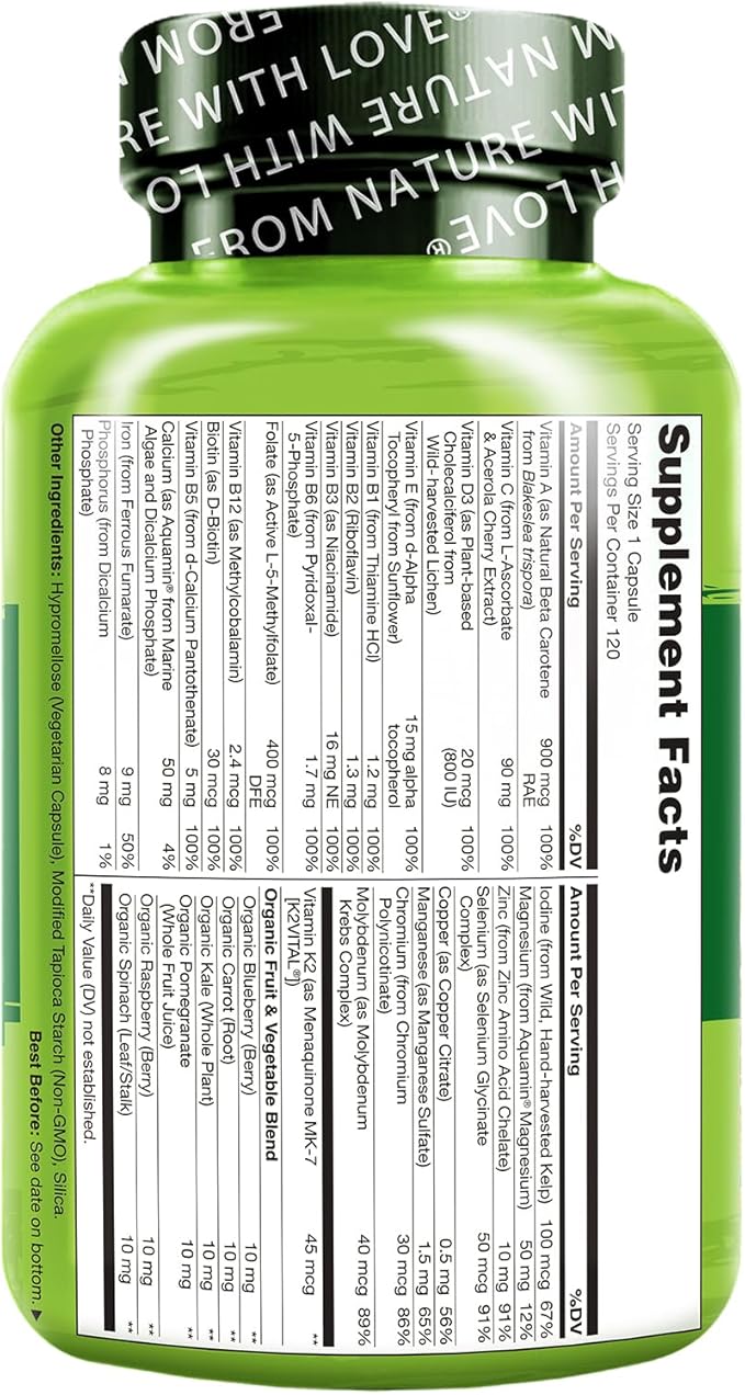 NATURELO One Daily Multivitamin for Women - Energy Support - Whole Food Supplement to Nourish Hair, Skin, Nails - Non-GMO - No Soy - Gluten Free - 120 Capsules - 4 Month Supply