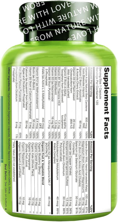 NATURELO One Daily Multivitamin for Women - Energy Support - Whole Food Supplement to Nourish Hair, Skin, Nails - Non-GMO - No Soy - Gluten Free - 120 Capsules - 4 Month Supply