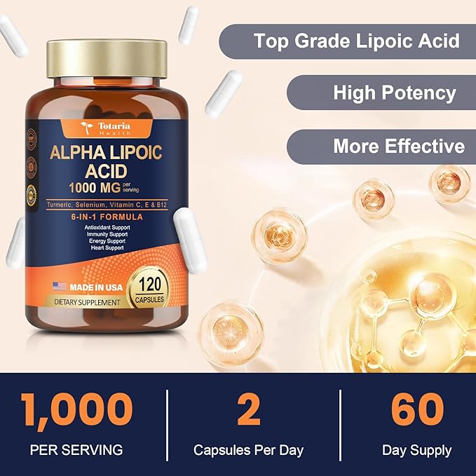Alpha Lipoic Acid - 1000mg ALA Supplement Capsules for Neuropathy Support Supplement Nerve Health, Liver Detox, Antioxidant, Metabolism and Cell Energy, Anti-Aging - Non-GMO, Gluten Free, Vegan Safe