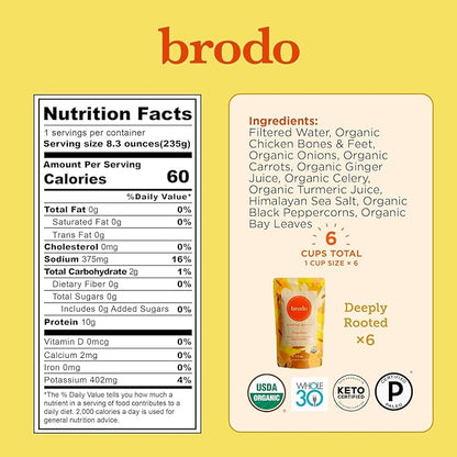 Brodo Organic Chicken Bone Broth, Protein-Rich Bone Broth with Collagen, Nourishing Chicken Broth Low Sodium for Sipping and Cooking, Slow-Simmered for Deep Flavor, (4x 25 oz. Pouches)
