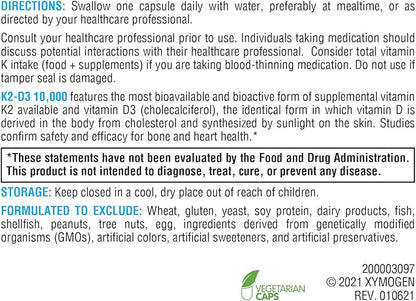 XYMOGEN K2-D3 10000 - Vitamin D3 K2 - Bioavailable Vitamin D 10,000 IU (Cholecalciferol) with Vitamin MK-7 - Heart, Arterial, Bone Health + Immune Support Supplement (120 Capsules)