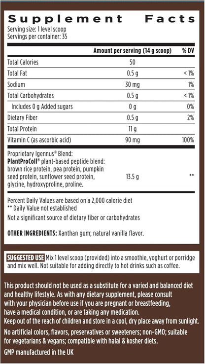 Advanced Vegan Vanilla Collagen Peptide Powder, Enhanced with Glycine, Proline & Hydroxyproline & Cofactor Vitamin C, Non GMO, Vegetarian Plant Based Collagen Powder Booster, 140 Servings, by Igennus