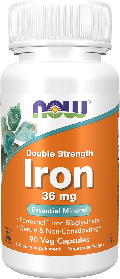 NOW Supplements, Iron 36 mg, Double Strength, Non-Constipating*, Essential Mineral, 90 Veg Capsules