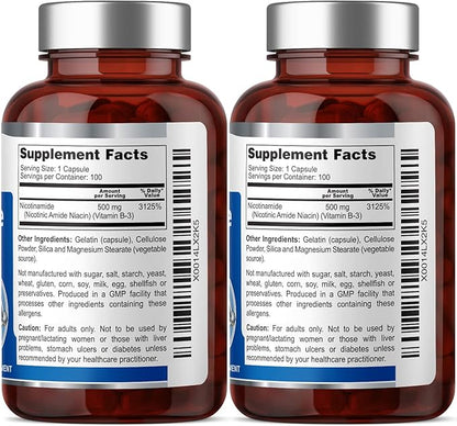 B-3 Nicotinamide 500 mg 100 Caps 2 Pack - Nicotinic Amide Niacin Natural Flush-Free Vitamin Formula - Supports Skin Cell Health