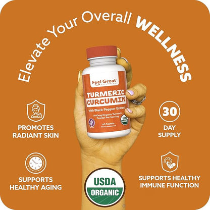 Organic Turmeric Curcumin with Organic Black Pepper 1400 mg - 95% Standardized Curcuminoids & Black Pepper Extract for Better Absorption & Potency - Joint Support - 60 Count