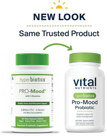 Hyperbiotics Vital Nutrients Pro Mood Probiotic with L-theanine | Clinically Studied Probiotics for Women and Men to Support Stress Management and Mood Support* | 60 Vegan Count