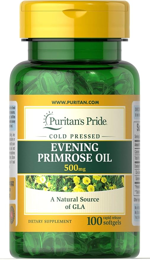 Puritan's Pride Cold Pressed Evening Primrose Oil 500 mg with GLA, Dietary Support Supplement for Womens Skin Health, 100 Rapid Release Soft Gels
