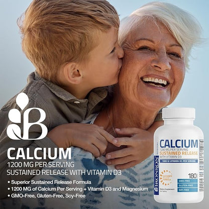 Bronson Calcium 1200 MG Per Serving Sustained Release with Vitamin D3 1000 IU Vitamin D3 Per Serving Non-GMO, 180 Tablets