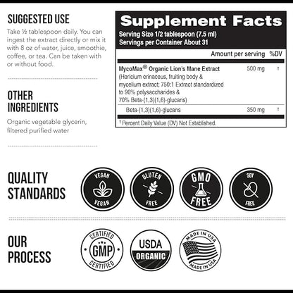 MycoMax Lions Mane Extract - 70% Beta Glucans, Max Potency Organic Lions Mane Supplement, US Grown + Ultrasonic Extraction - 500 mg per serving - Mental Clarity, Focus and Memory - 8 oz.
