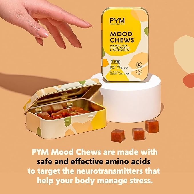 PYM Citrus Mood Chews Support for Stress, Worry & Overwhelm, 60 Count | 130mg GABA, 90mg L-Theanine | Vegan, Non-GMO, Gluten-Free, No Added Sugar | All-Natural Mood Balance Supplement Made in USA