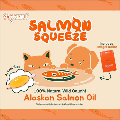 Spoonful Salmon Squeeze - 100% Natural Wild-Caught Alaskan Salmon Oil – 2,000 mg Omega-3 Softgel, 90 Squeezeable Softgels | DHA, EPA & Natural Astaxanthin, Non-GMO, Sustainable, Made in USA (90)