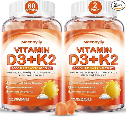 Vitamin D3 K2 Gummies for Adults - Vitamin D3 5000IU + K2 (MK-7) 120mcg - Sugar-Free D3 and K2 Supplements with Omega-3, Methyl B12, B9, B6, Vitamins E & Zinc - for Calcium Absorption & Immune Health