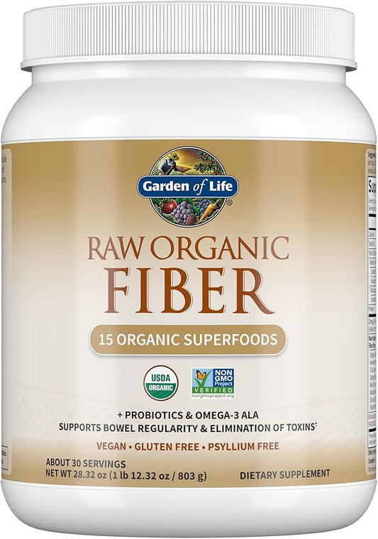 Garden of Life Raw Organic Fiber Powder, 30 Servings, 15 Organic Superfoods, Probiotics, Omega-3 ALA, Soluble and Insoluble Fiber for Regularity, Psyllium Husk Free