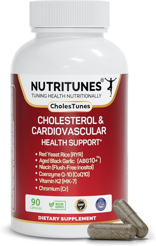 Cholestunes –Cholesterol & Heart Health Support Advanced Supplement Red Yeast Rice (RYR), Aged Black Garlic CoQ10, Niacin (Flush-Free), Chromium & Vitamin K2– 90 Capsules
