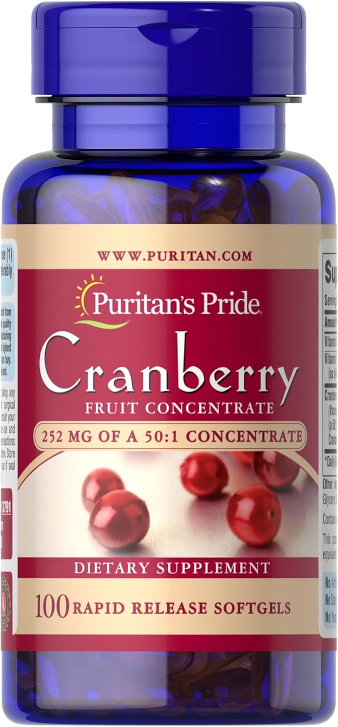 Puritan's Pride Premium Cranberry Fruit Concentrate 252mg (12,600mg Equivalent) with Vitamins C and E, Dietary Supplement for Immune System Support, 100 Rapid Release Softgels