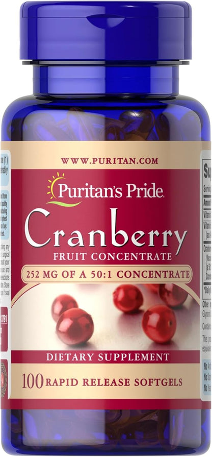 Puritan's Pride Premium Cranberry Fruit Concentrate 252mg (12,600mg Equivalent) with Vitamins C and E, Dietary Supplement for Immune System Support, 100 Rapid Release Softgels