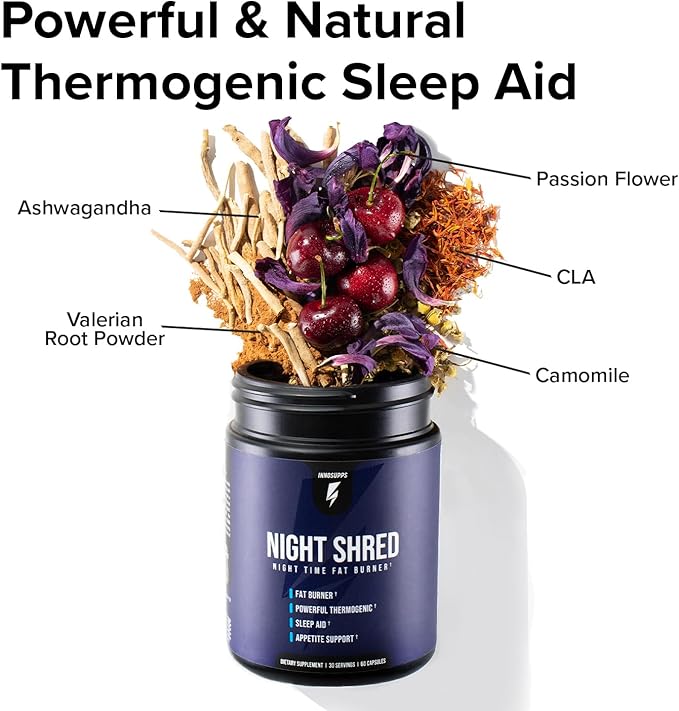 Night Shred Fat Burner and Natural Sleep Support | Ashwaganda, 5-HTP, CLA, Melatonin | Appetite Suppressant | Weight Loss Support Nighttime Fat Burning (60 Vegetarian Capsules)