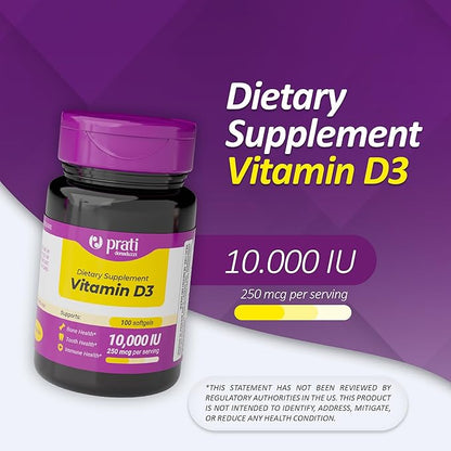 Vitamin D3 10,000 IU – 100 Softgels – Supports Defense System, Bone & Muscle Health – Family Size
