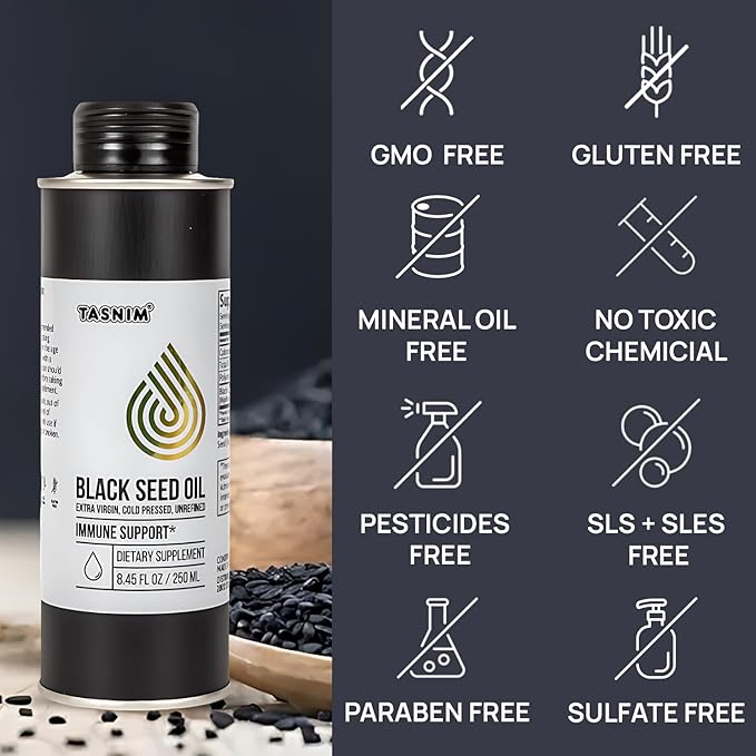 100% Ethiopian BlackSeed Oil 8.45 Oz - Cold Pressed Black Seed Oil for Immune Support, High Potency 5.7% - 21% Thymoquinone Skin, Hair & Overll Health - Unrefined Black Cumin Seed Oil - Gluten Free